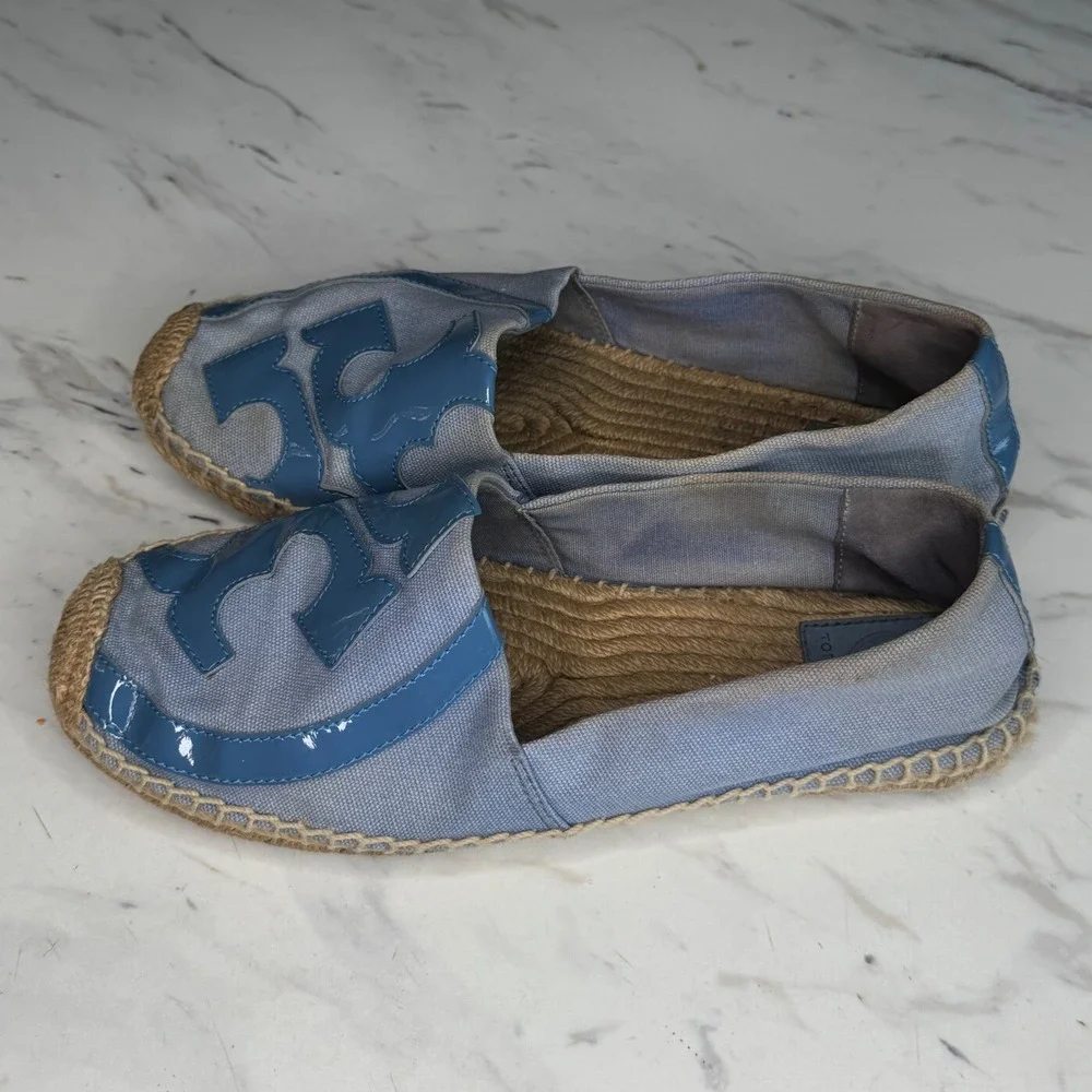 Tory Burch Women Blue Canvas Patent Leather Logo Espadrille Flats Size 10